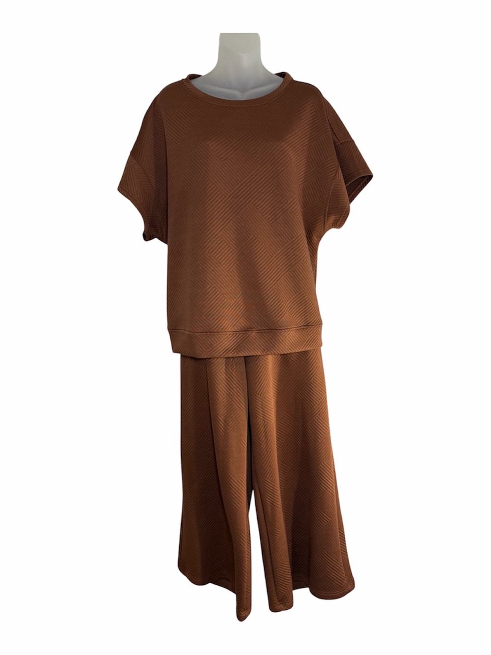 Brown Textured Jacquard 2-Piece Lounge Set Short Sleeve Top Wide Leg Pants XL